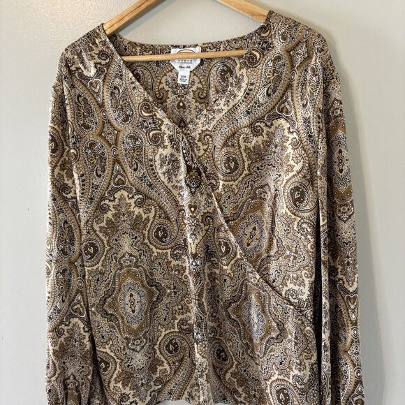 Talbots 100% Silk Blouse Brown Paisley Long Sleeve Wrap Top Sz 20W - Picture 2 of 9
